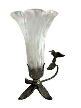 Vintage Bronze Tone Hummingbird Lily Lamp Pink & White Glass Flower Not Wired